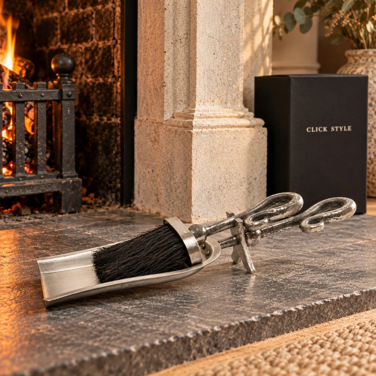 Antique Pewter Effect Silver Hearth Tidy with X-Shaped Stand – Crook-Handled Brush & Shovel Fireplace Cleaning Set 9x37x13cm beside Fireplace with CLICK STYLE Branding | Click Style