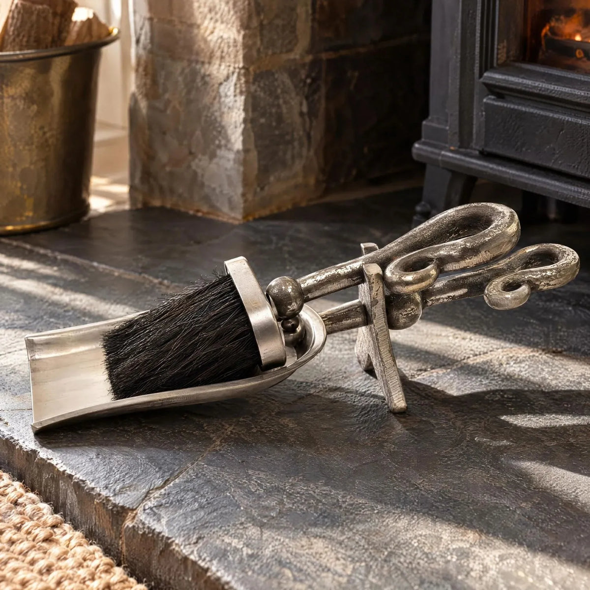 Antique Pewter Effect Silver Hearth Tidy with X-Shaped Stand – Crook-Handled Brush & Shovel Fireplace Cleaning Set 9x37x13cm on Slate Hearth beside Wood Burning Stove | Click Style