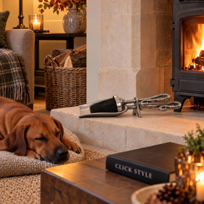 Antique Pewter Effect Silver Hearth Tidy with X-Shaped Stand – Crook-Handled Brush & Shovel Fireplace Cleaning Set 9x37x13cm in Cosy Fireside Setting with Rhodesian Ridgeback & CLICK STYLE Branding | Click Style