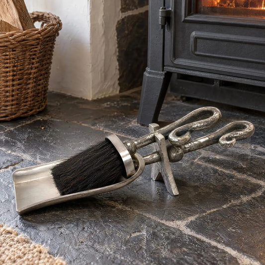Antique Pewter Effect Silver Hearth Tidy with X-Shaped Stand – Crook-Handled Brush & Shovel Fireplace Cleaning Set 9x37x13cm beside Wood Burning Stove | Click Style