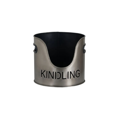 Antique Pewter Effect Silver Log & Kindling Buckets with Matchstick Holder – 3 Piece Metal Fireside Set with Cut-Out Lettering – KINDLING Bucket | Click Style