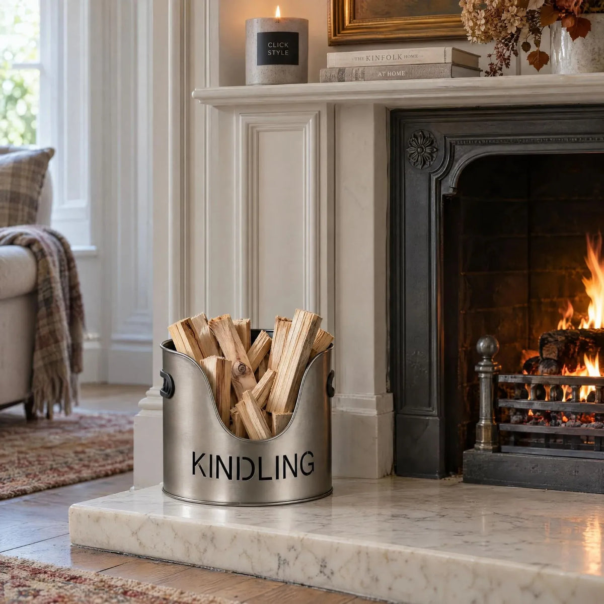 Antique Pewter Effect Silver Log & Kindling Buckets with Matchstick Holder – 3 Piece Metal Fireside Set with Cut-Out Lettering – KINDLING Bucket Filled with Kindling Beside Traditional Open Fireplace | Click Style