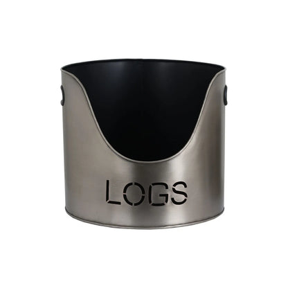 Antique Pewter Effect Silver Log & Kindling Buckets with Matchstick Holder – 3 Piece Metal Fireside Set with Cut-Out Lettering – Large LOGS Bucket | Click Style