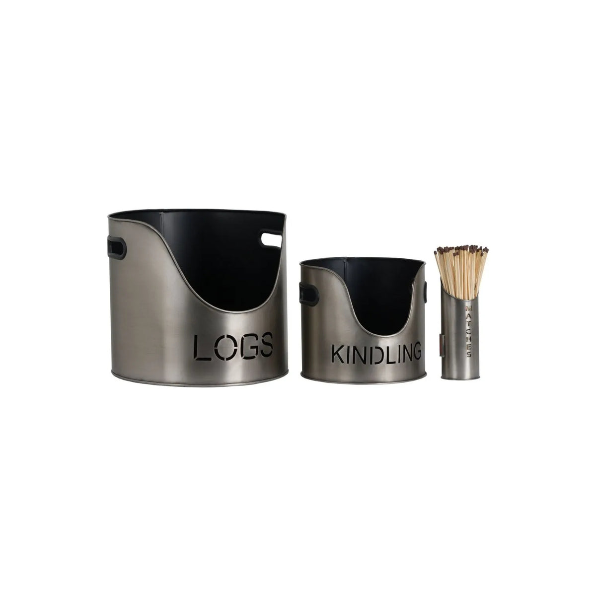 Antique Pewter Effect Silver Log & Kindling Buckets with Matchstick Holder – 3 Piece Metal Fireside Set with Cut-Out Lettering | Click Style