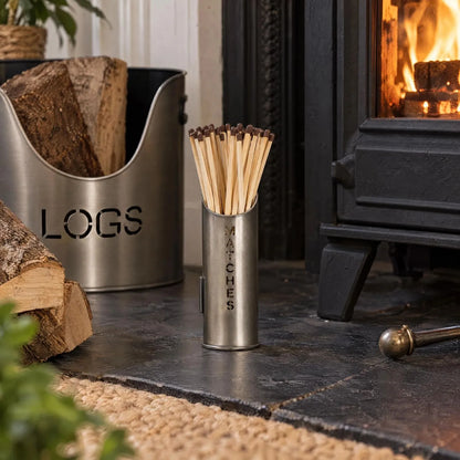 Antique Pewter Effect Silver Log & Kindling Buckets with Matchstick Holder – 3 Piece Metal Fireside Set with Cut-Out Lettering – MATCHES Holder with Long Fireside Matches & LOGS Bucket Filled with Firewood Beside Wood-Burning Stove | Click Style