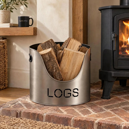 Antique Pewter Effect Silver Log & Kindling Buckets with Matchstick Holder – 3 Piece Metal Fireside Set with Cut-Out Lettering – LOGS Bucket Filled with Firewood Beside Black Wood-Burning Stove | Click Style