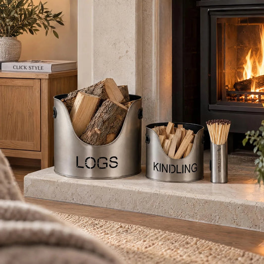 Antique Pewter Effect Silver Log & Kindling Buckets with Matchstick Holder – 3 Piece Metal Fireside Set with Cut-Out Lettering – Complete Set Filled with Logs Kindling & Long Fireside Matches Beside Fireplace | Click Style