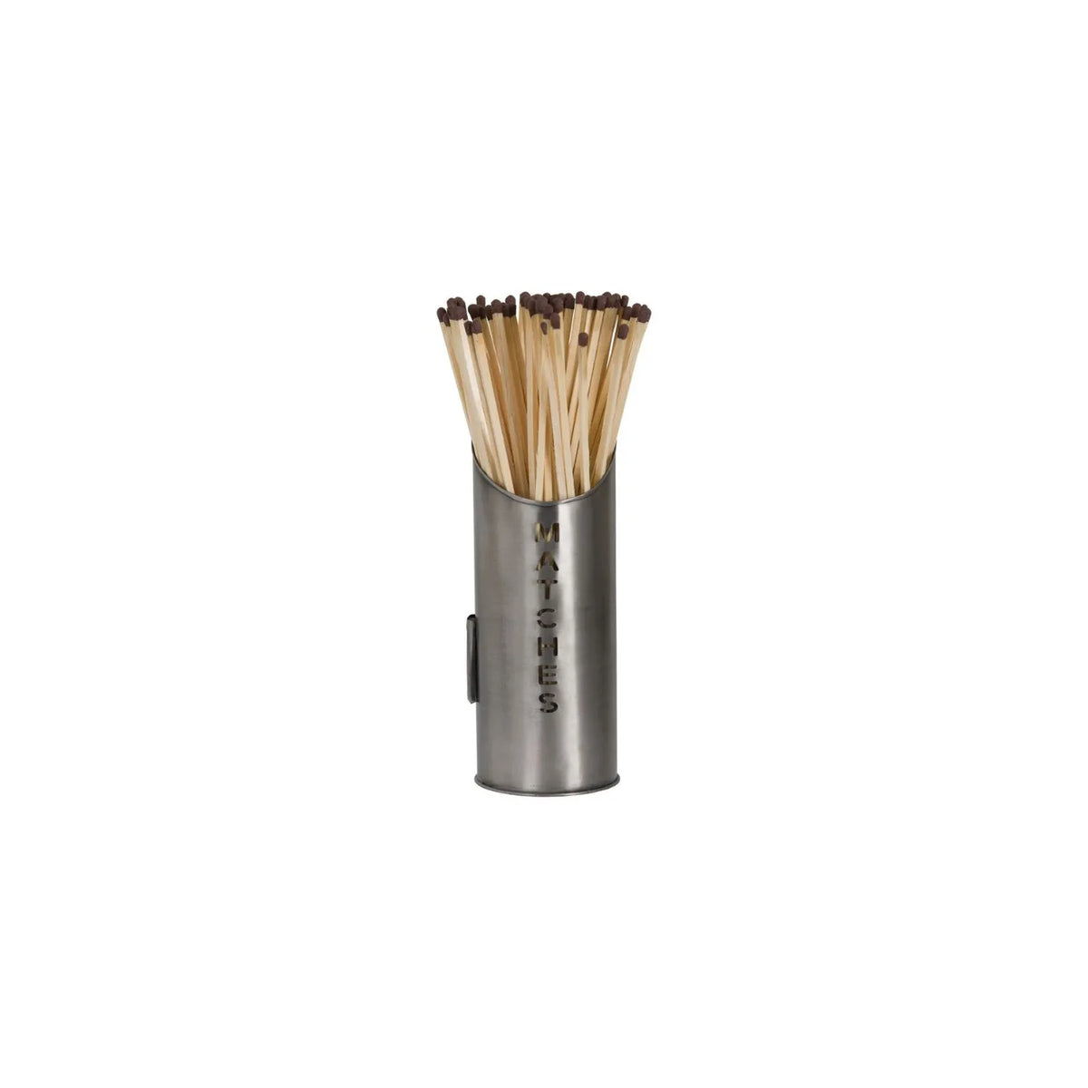 Antique Pewter Effect Silver Log & Kindling Buckets with Matchstick Holder – 3 Piece Metal Fireside Set with Cut-Out Lettering – MATCHES Holder with Long Matches | Click Style