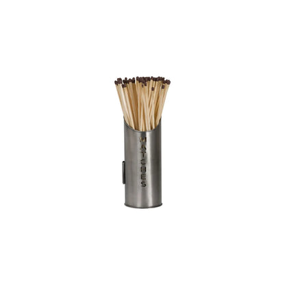 Antique Pewter Effect Silver Log & Kindling Buckets with Matchstick Holder – 3 Piece Metal Fireside Set with Cut-Out Lettering – MATCHES Holder with Long Matches | Click Style