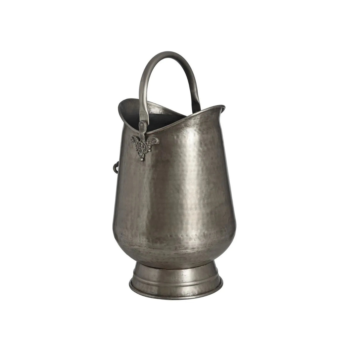 Antique Pewter Effect Silver & Gunmetal Tall Coal Bucket with Arched Handle – Decorative Metal Fireside Coal Scuttle 50x26x36cm – Hammered-Effect Metal Body & Pedestal Base | Click Style