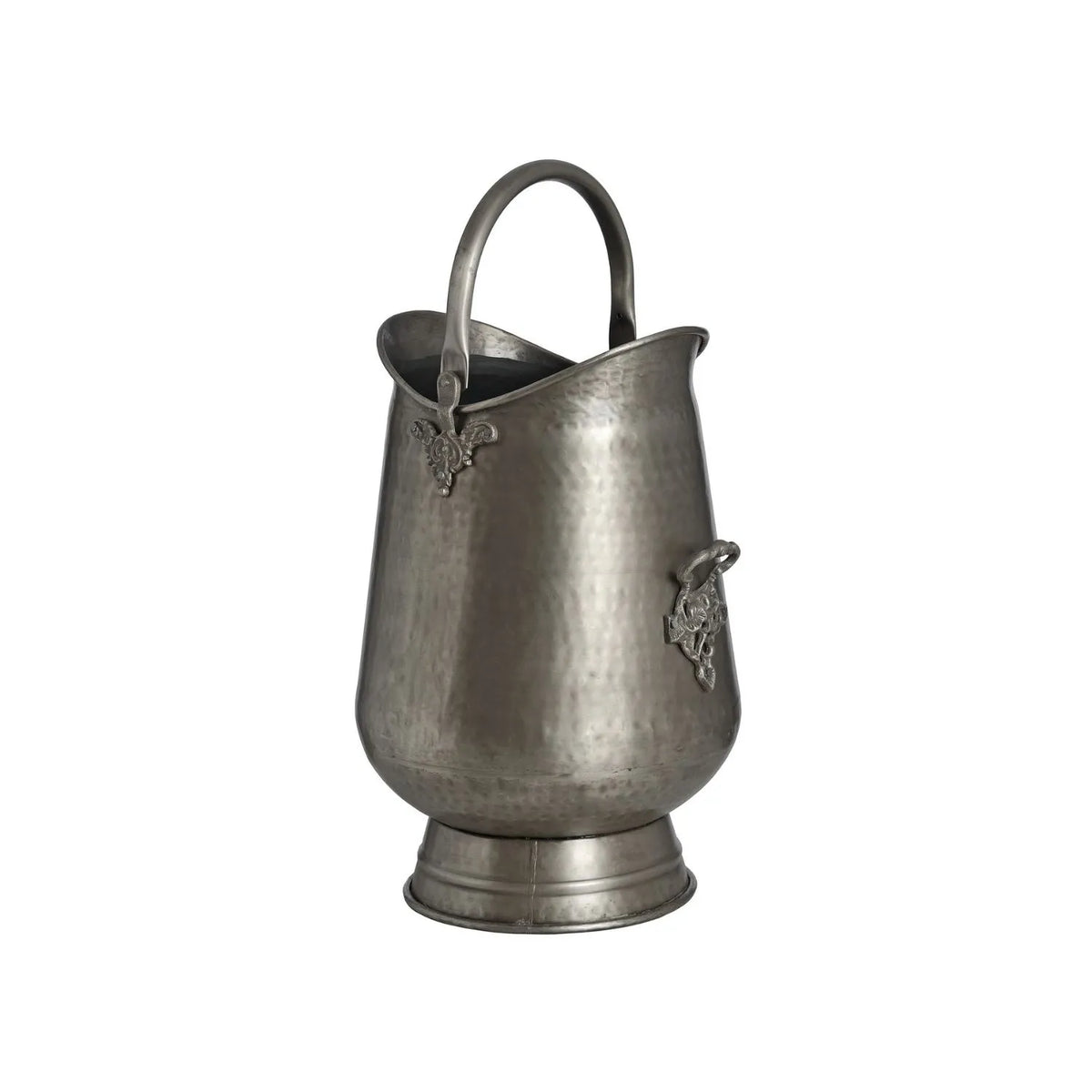 Antique Pewter Effect Silver & Gunmetal Tall Coal Bucket with Arched Handle – Decorative Metal Fireside Coal Scuttle 50x26x36cm – Hammered-Effect Textured Finish & Ornate Side Detail | Click Style
