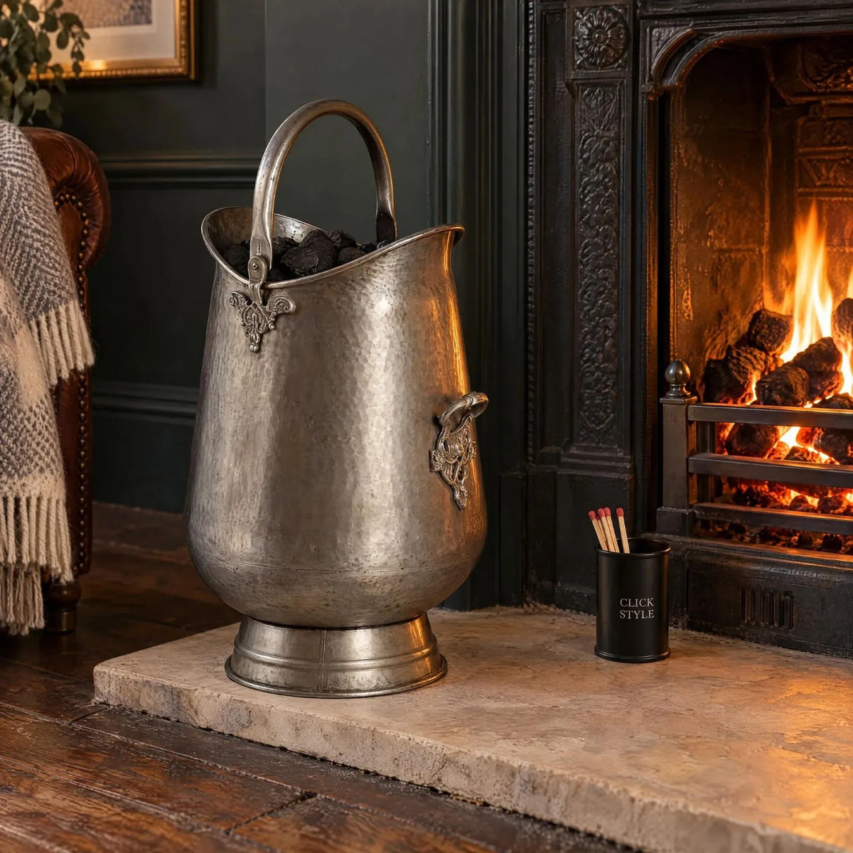 Antique Pewter Effect Silver & Gunmetal Tall Coal Bucket with Arched Handle – Decorative Metal Fireside Coal Scuttle 50x26x36cm – Filled with Coal Beside Ornate Cast-Iron Fireplace | Click Style