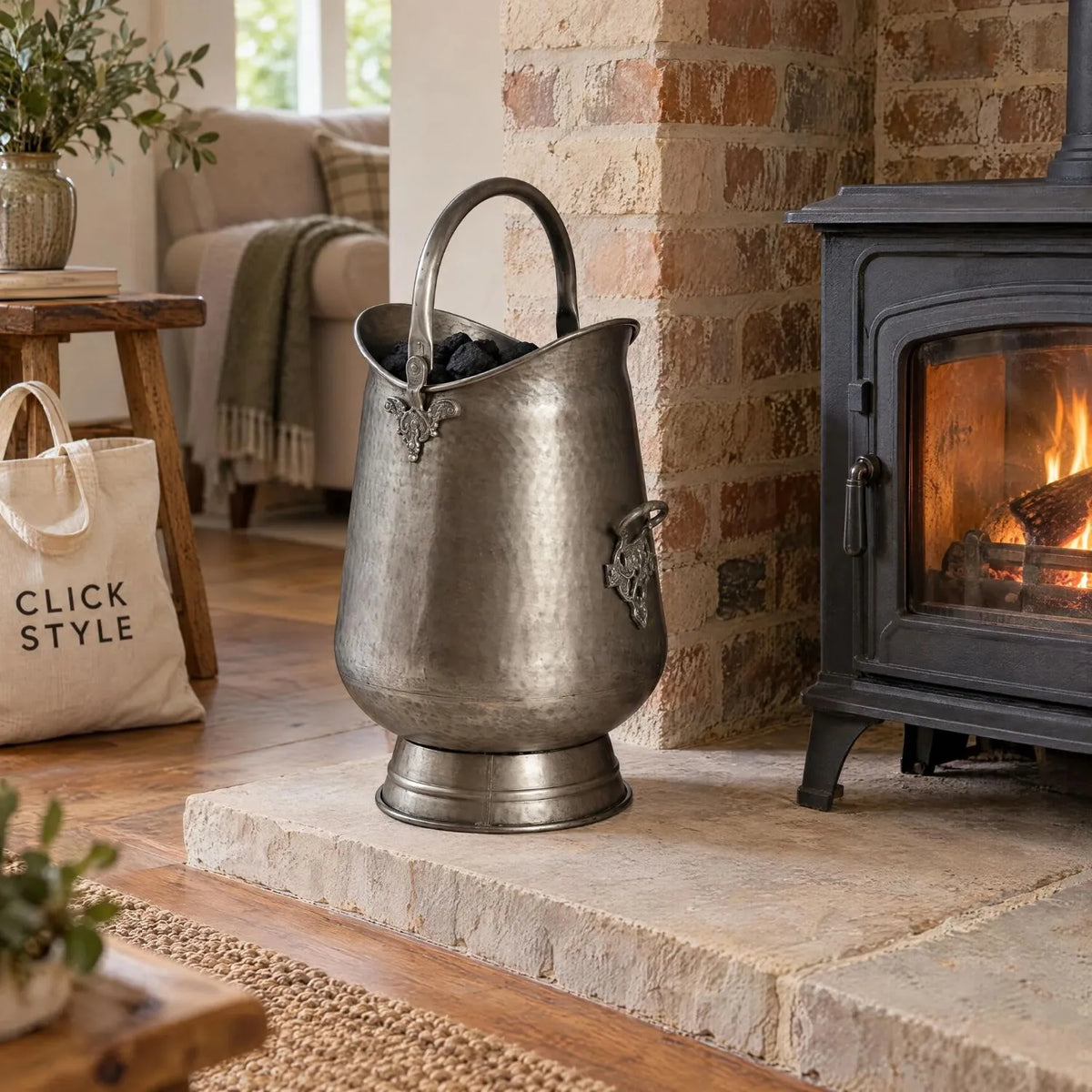 Antique Pewter Effect Silver & Gunmetal Tall Coal Bucket with Arched Handle – Decorative Metal Fireside Coal Scuttle 50x26x36cm – Filled with Coal Beside Black Wood-Burning Stove | Click Style