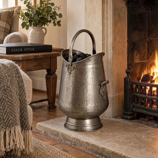 Antique Pewter Effect Silver & Gunmetal Tall Coal Bucket with Arched Handle – Decorative Metal Fireside Coal Scuttle 50x26x36cm – Filled with Coal Beside Traditional Open Fireplace | Click Style