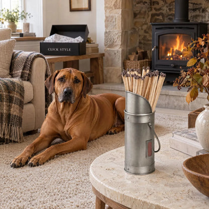 Antique Pewter Silver Metal Matchstick Holder with 60 Long Matches & Built-In Striker – Decorative Fireside Match Holder 20x7x7cm with Rhodesian Ridgeback & Click Style Delivery Box | Click Style