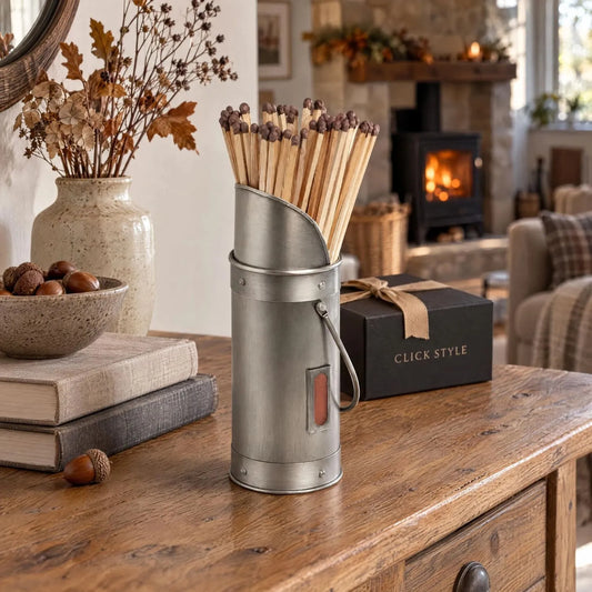 Antique Pewter Silver Metal Matchstick Holder with 60 Long Matches & Built-In Striker – Decorative Fireside Match Holder 20x7x7cm Styled in Autumn Living Room | Click Style