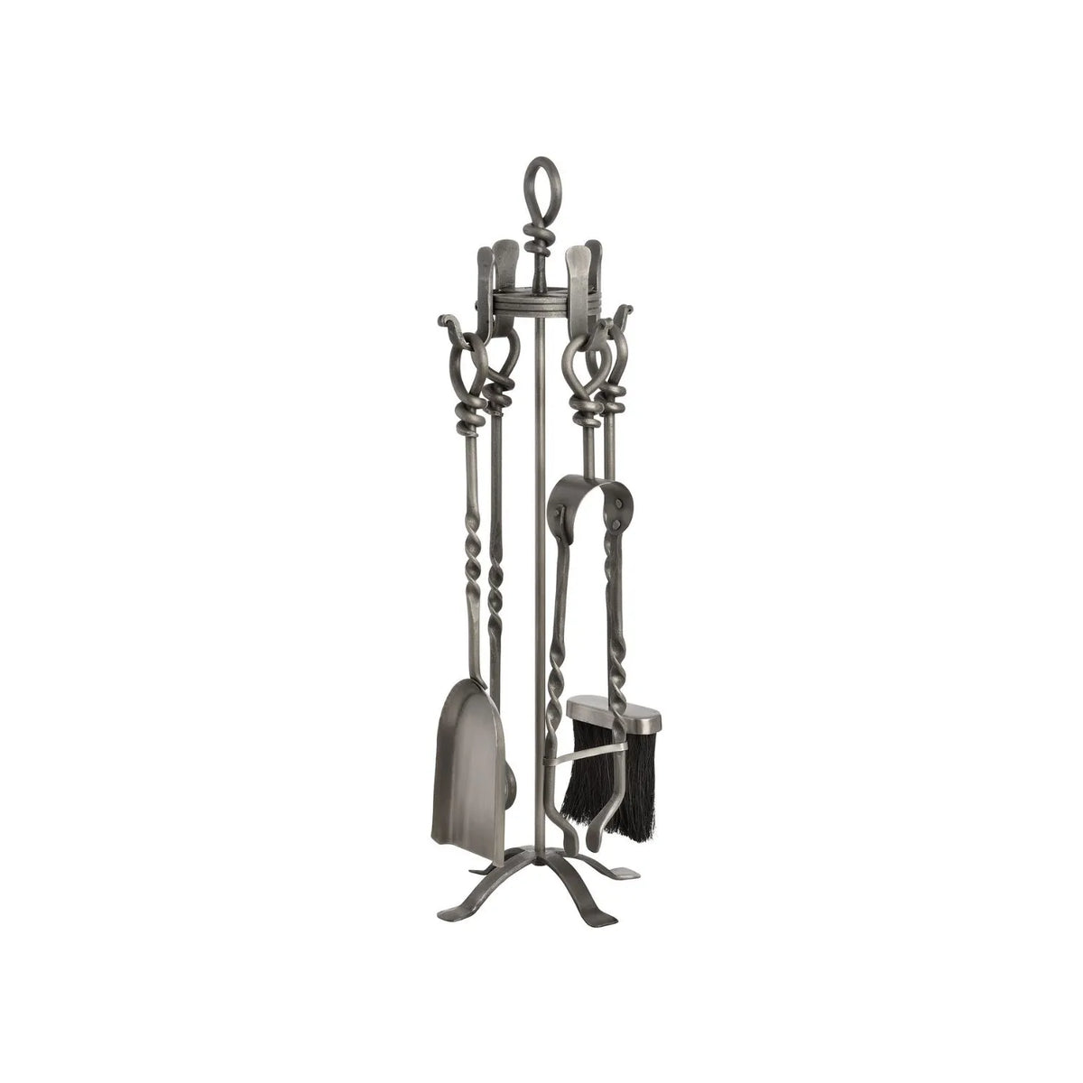 Antique Pewter Silver & Bronze Fireside Companion Set with Twisted Loop Handles – 4 Fireplace Tools & Stand 71x20x20cm – opposite angled view showing shovel brush poker and tongs | Click Style