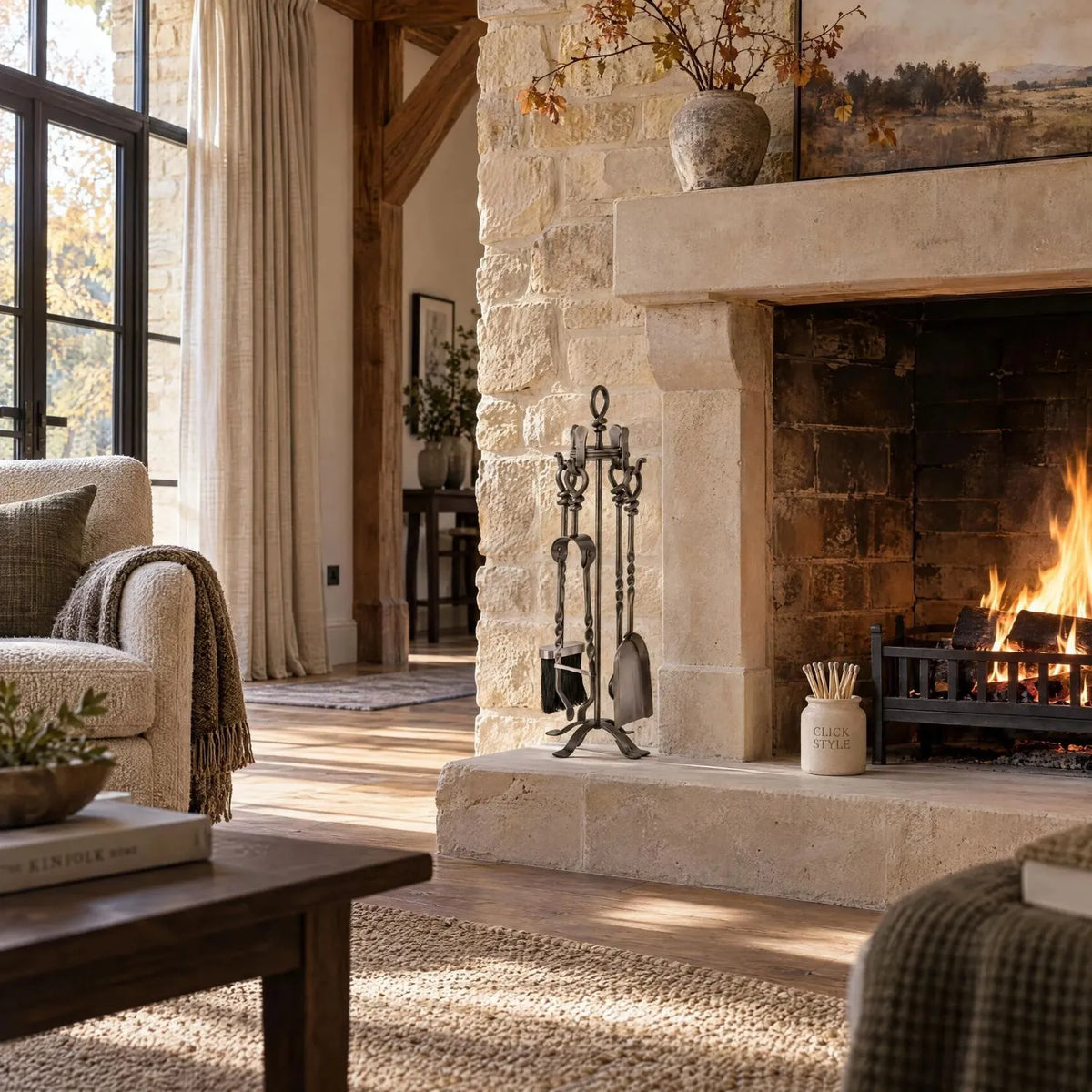 Antique Pewter Silver & Bronze Fireside Companion Set with Twisted Loop Handles – 4 Fireplace Tools & Stand 71x20x20cm – styled beside a pale stone fireplace in a converted Cotswold barn interior | Click Style