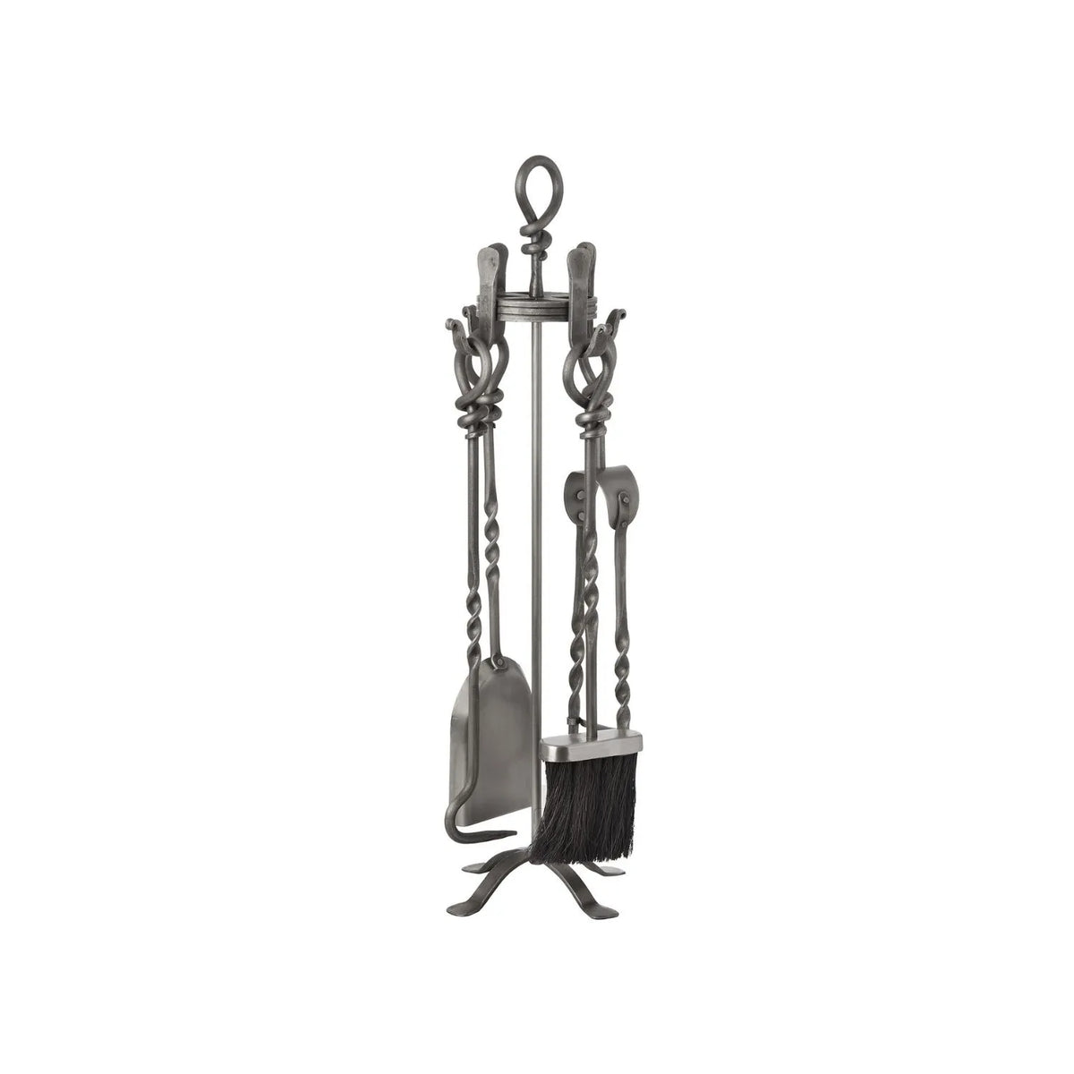 Antique Pewter Silver & Bronze Fireside Companion Set with Twisted Loop Handles – 4 Fireplace Tools & Stand 71x20x20cm – side angled view showing twisted handles four fireplace tools and freestanding stand | Click Style