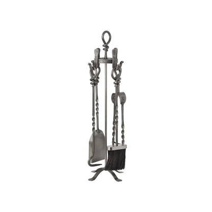 Antique Pewter Silver & Bronze Fireside Companion Set with Twisted Loop Handles – 4 Fireplace Tools & Stand 71x20x20cm – side angled view showing twisted handles four fireplace tools and freestanding stand | Click Style