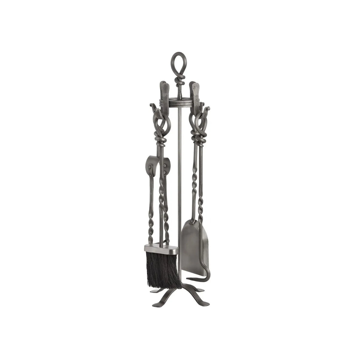 Antique Pewter Silver & Bronze Fireside Companion Set with Twisted Loop Handles – 4 Fireplace Tools & Stand 71x20x20cm – reverse angled view showing loop detailing four fireplace tools and four-footed stand | Click Style