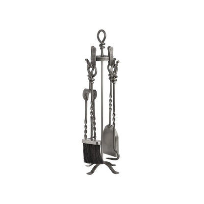 Antique Pewter Silver & Bronze Fireside Companion Set with Twisted Loop Handles – 4 Fireplace Tools & Stand 71x20x20cm – reverse angled view showing loop detailing four fireplace tools and four-footed stand | Click Style