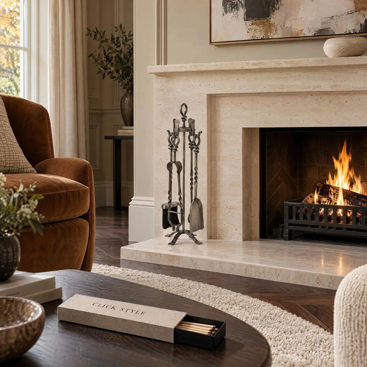 Antique Pewter Silver & Bronze Fireside Companion Set with Twisted Loop Handles – 4 Fireplace Tools & Stand 71x20x20cm – styled beside a warm ivory travertine fireplace in a contemporary London townhouse | Click Style