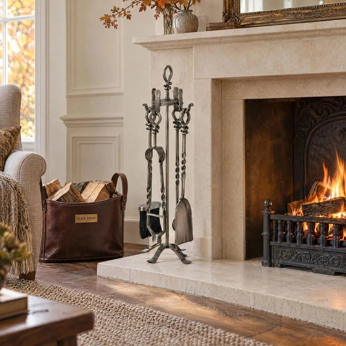 Antique Pewter Silver & Bronze Fireside Companion Set with Twisted Loop Handles – 4 Fireplace Tools & Stand 71x20x20cm – styled beside a pale limestone fireplace in an autumnal English country-house interior | Click Style