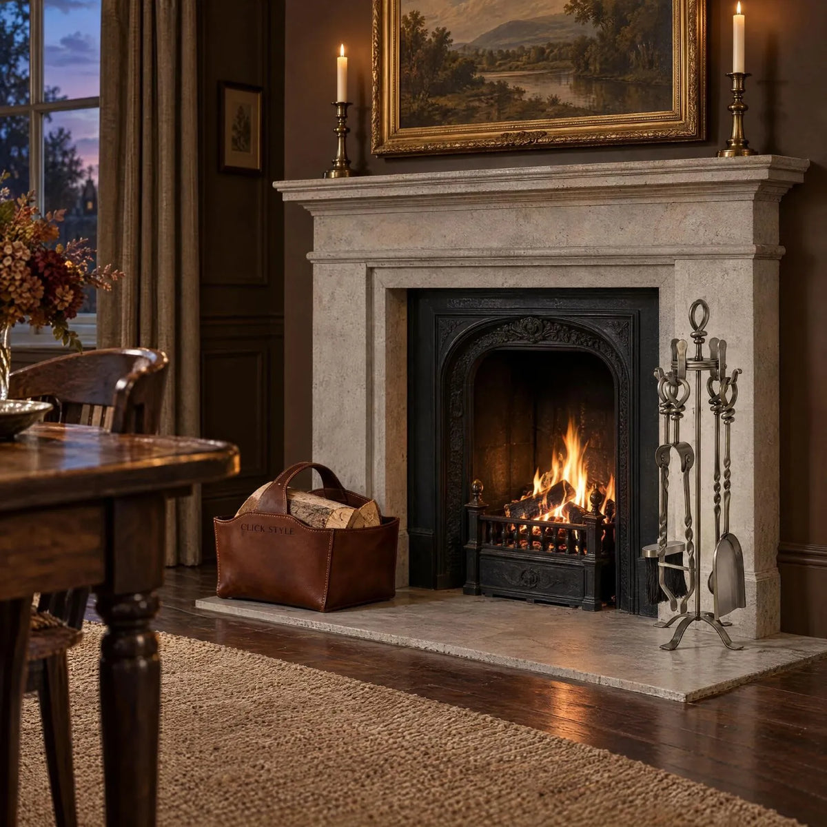 Antique Pewter Silver & Bronze Fireside Companion Set with Twisted Loop Handles – 4 Fireplace Tools & Stand 71x20x20cm – styled beside a traditional stone fireplace in a Georgian townhouse dining room | Click Style