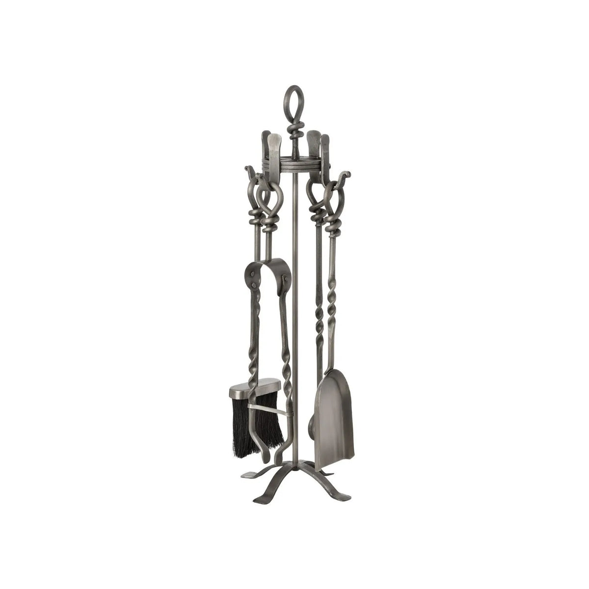 Antique Pewter Silver & Bronze Fireside Companion Set with Twisted Loop Handles – 4 Fireplace Tools & Stand 71x20x20cm – front angled view with brush shovel poker and tongs | Click Style