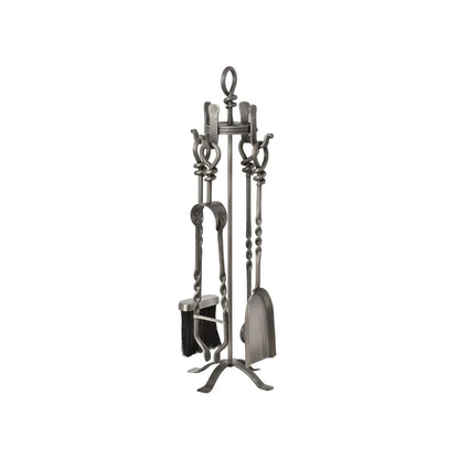 Antique Pewter Silver & Bronze Fireside Companion Set with Twisted Loop Handles – 4 Fireplace Tools & Stand 71x20x20cm – front angled view with brush shovel poker and tongs | Click Style