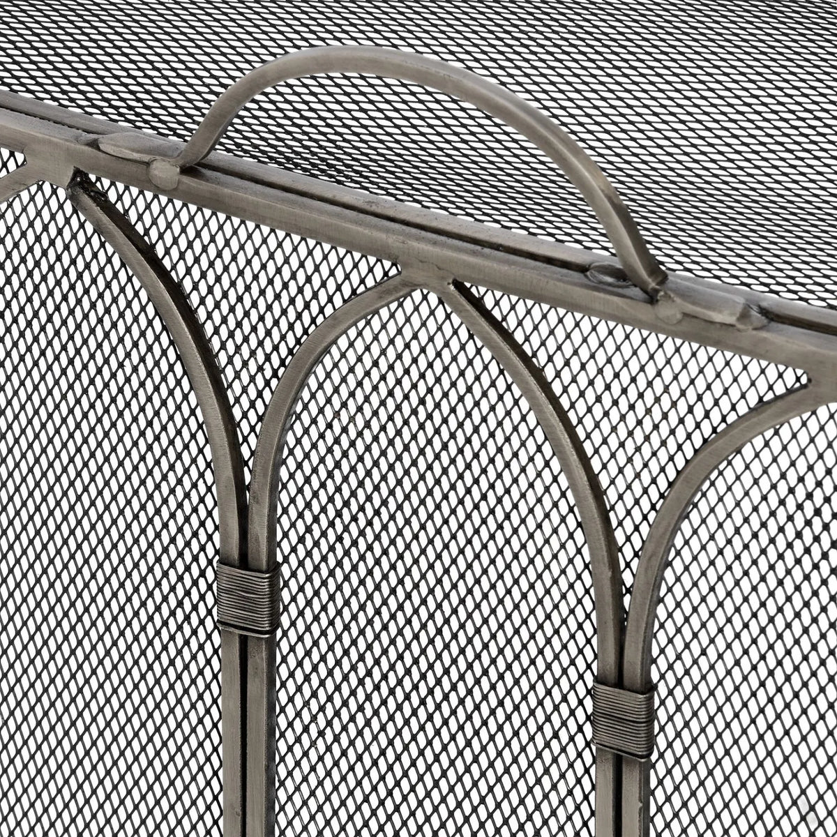 Antique Pewter & Black Firescreen with Top Handle & Gothic Arch Design – Metal Mesh Fireplace Fire Guard 65x55x21cm close-up showing top handle, Gothic arches and fine metal mesh | Click Style