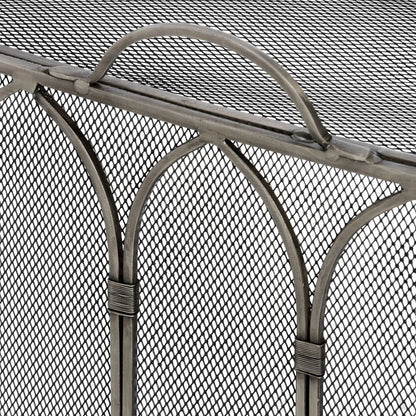 Antique Pewter & Black Firescreen with Top Handle & Gothic Arch Design – Metal Mesh Fireplace Fire Guard 65x55x21cm close-up showing top handle, Gothic arches and fine metal mesh | Click Style