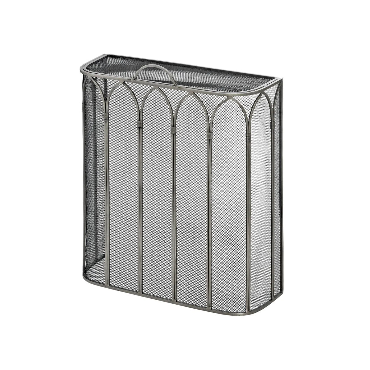 Antique Pewter & Black Firescreen with Top Handle & Gothic Arch Design – Metal Mesh Fireplace Fire Guard 65x55x21cm full view showing curved sides and mesh top | Click Style