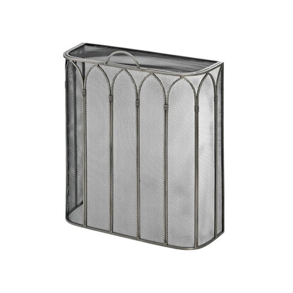 Antique Pewter & Black Firescreen with Top Handle & Gothic Arch Design – Metal Mesh Fireplace Fire Guard 65x55x21cm full view showing curved sides and mesh top | Click Style