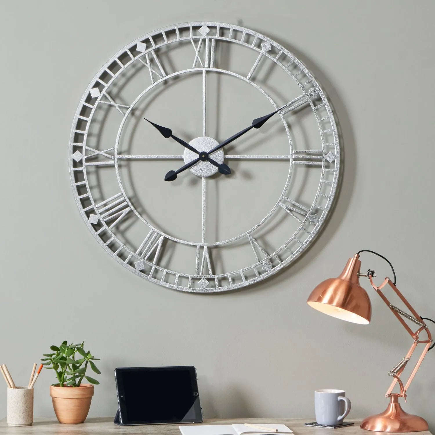 Antique Silver Metal Skeleton Wall Clock with Roman Numerals & Open Frame Design 80x80cm