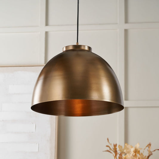 Antique Brass Domed Metal Industrial Pendant Light With Black Fabric Cable Adjustable Dimmable Ceiling Light 129x45x45cm | Click Style