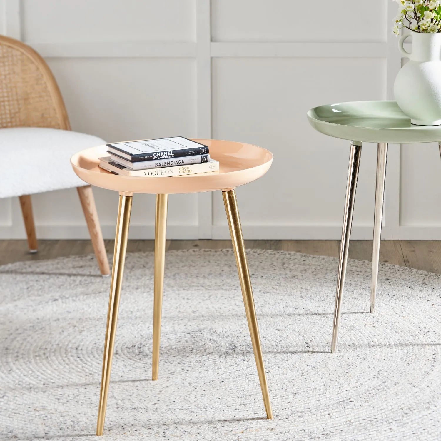 Apricot Peach Round Tripod Enamel Side Table with Gold Metal Legs – Modern Accent Table 58x44x44cm - Click Style