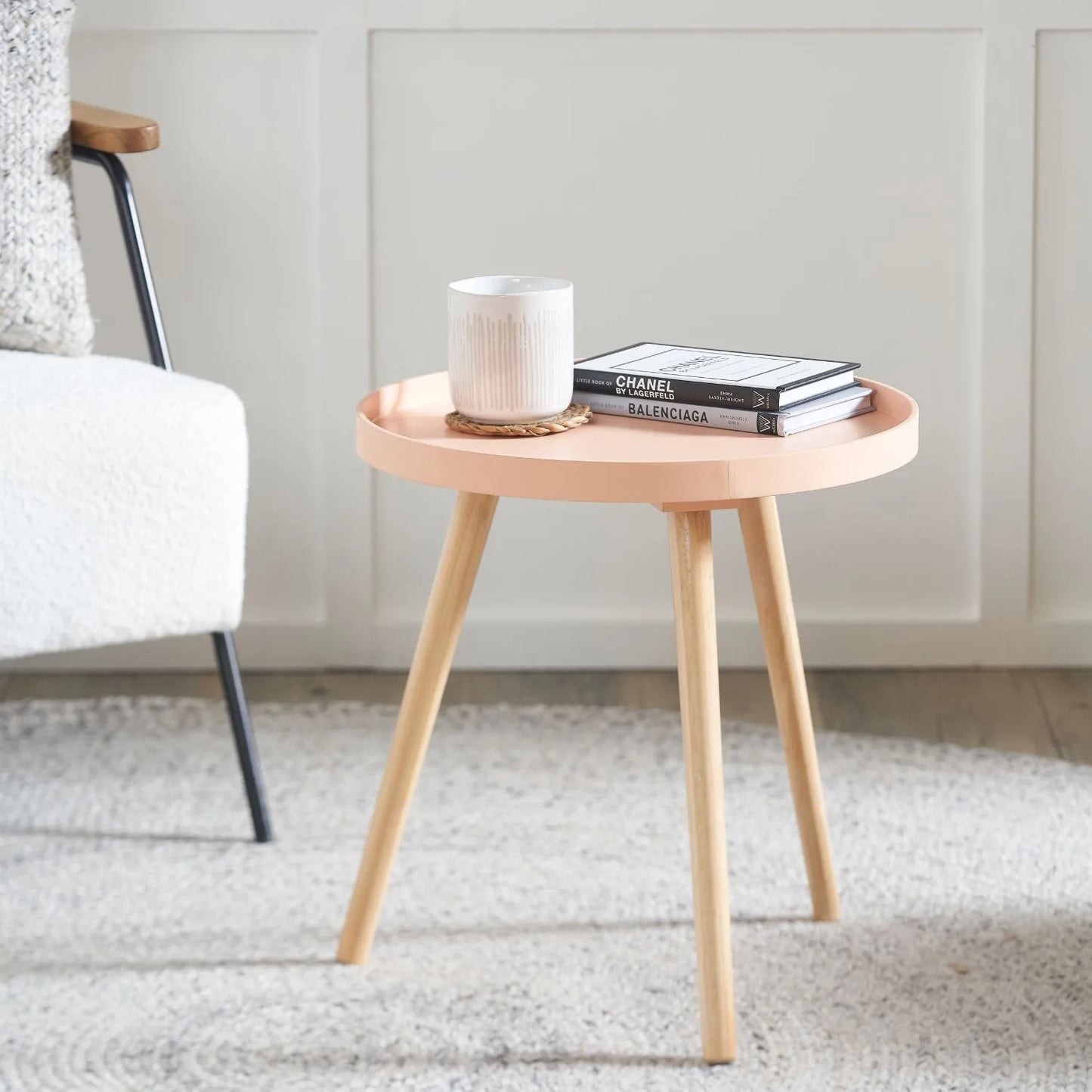 Apricot Peach Round Tripod Side Table with Pine Wooden Legs – Small Bedside or Coffee Table 43.5x41cm - Click Style