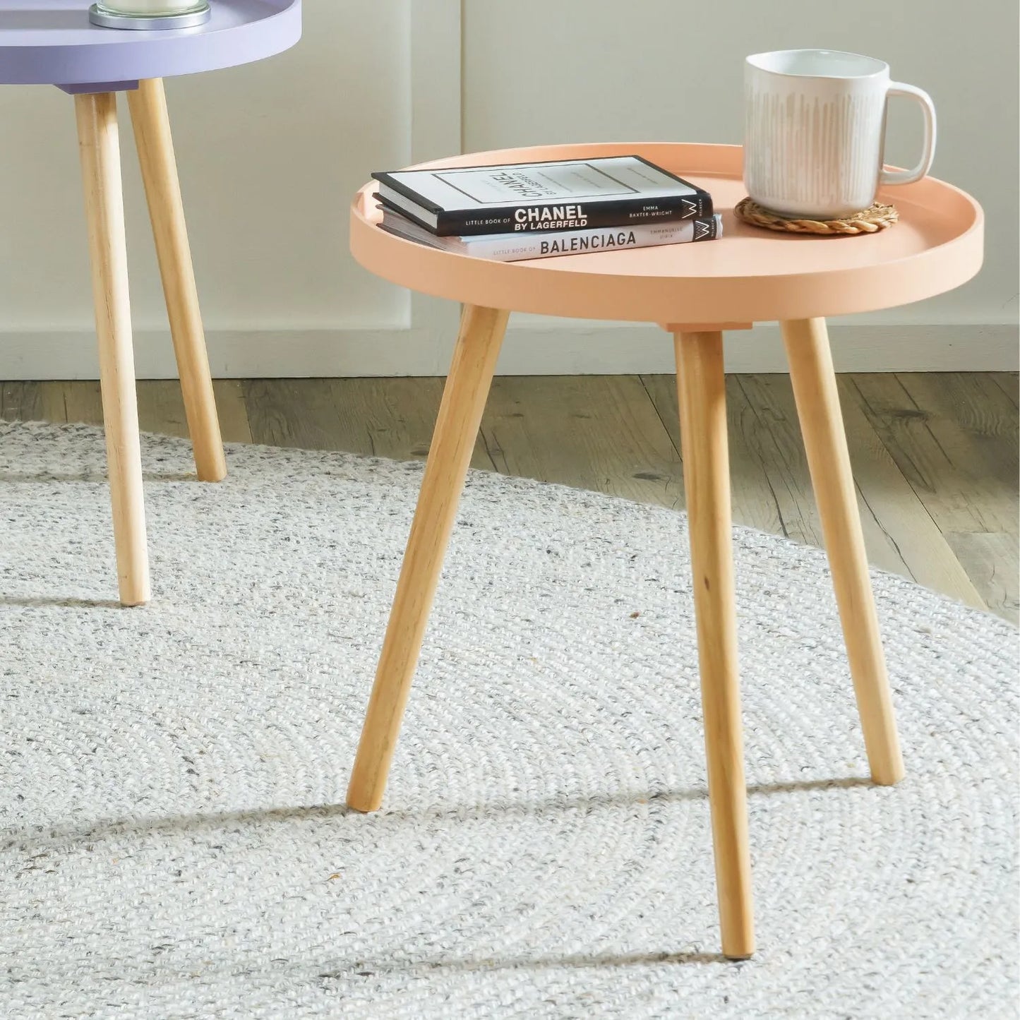 Apricot Peach Round Tripod Side Table with Pine Wooden Legs – Small Bedside or Coffee Table 43.5x41cm - Click Style