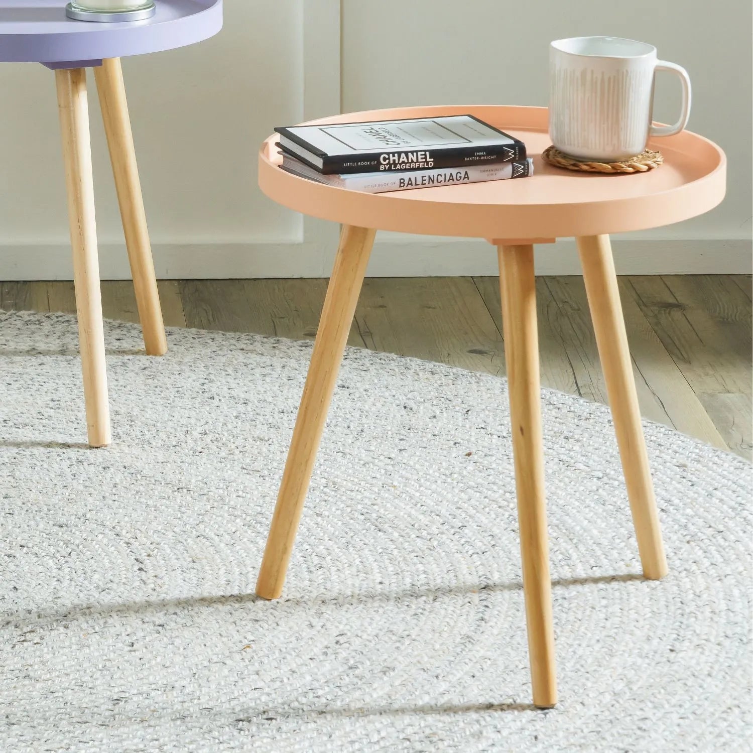 Apricot Peach Round Tripod Side Table with Pine Wooden Legs – Small Bedside or Coffee Table 43.5x41cm - Click Style