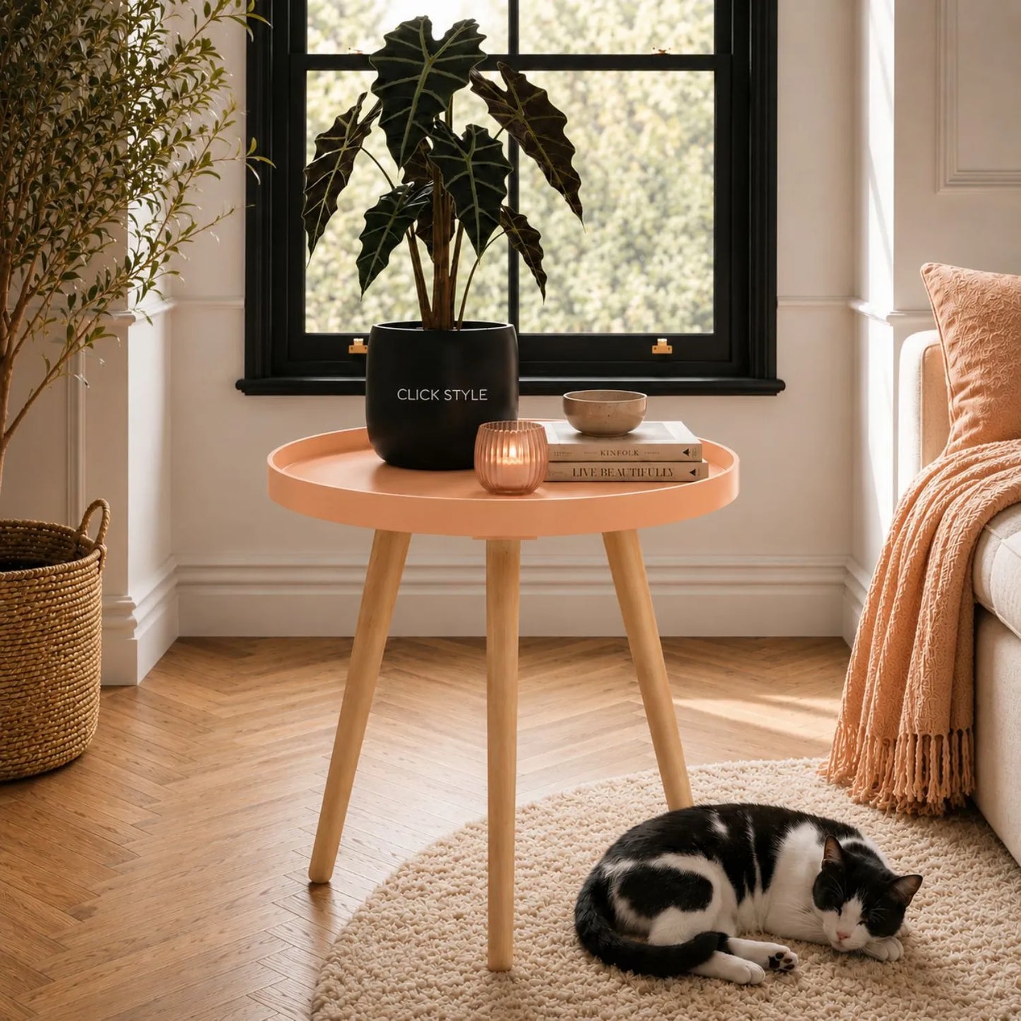 Apricot Peach Round Wood Veneer Tripod Side Table with Natural Pine Wooden Legs and Raised Lipped Top 43.5x41cm | Click Style