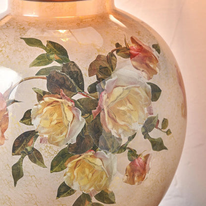 Jenny Worrall Apricot Peach & Yellow Rose & Foliage Cream Stone & Gold Glass Table Lamp Base with Bulbous Shape & Antique Brass Feet – Handcrafted Luxury Floral Lighting 42x28x28cm | Click Style