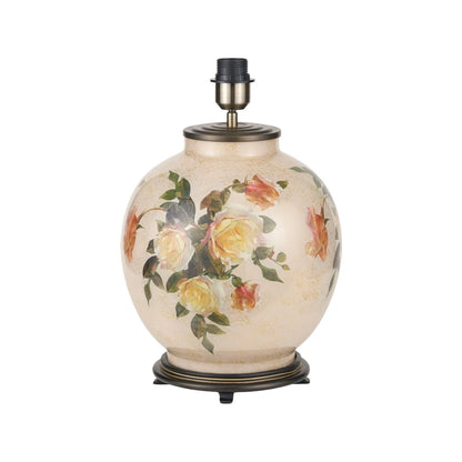 Jenny Worrall Apricot Peach & Yellow Rose & Foliage Cream Stone & Gold Glass Table Lamp Base with Bulbous Shape & Antique Brass Feet – Handcrafted Luxury Floral Lighting 42x28x28cm | Click Style