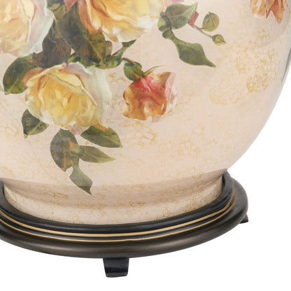 Jenny Worrall Apricot Peach & Yellow Rose & Foliage Cream Stone & Gold Glass Table Lamp Base with Bulbous Shape & Antique Brass Feet – Handcrafted Luxury Floral Lighting 42x28x28cm | Click Style