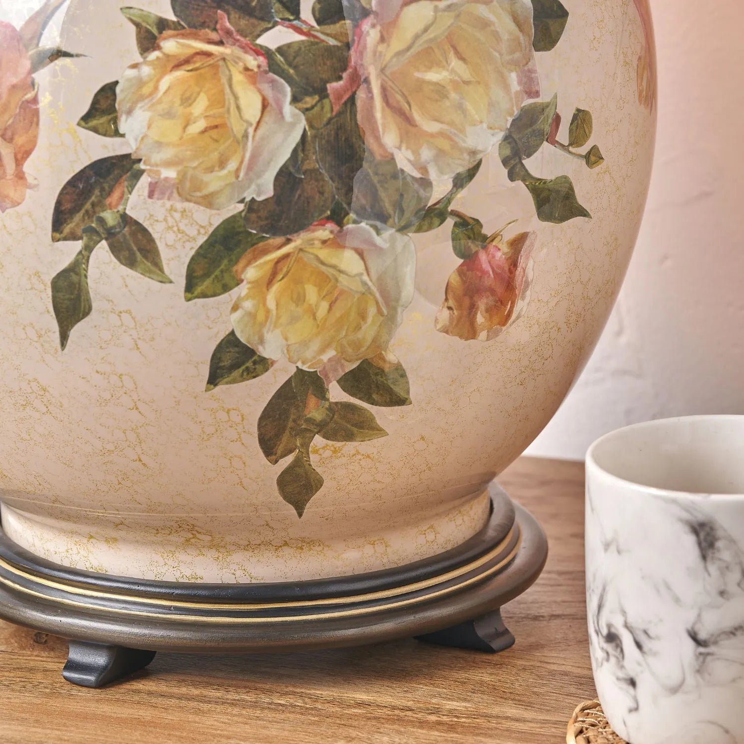Jenny Worrall Apricot Peach & Yellow Rose & Foliage Cream Stone & Gold Glass Table Lamp Base with Bulbous Shape & Antique Brass Feet – Handcrafted Luxury Floral Lighting 42x28x28cm | Click Style
