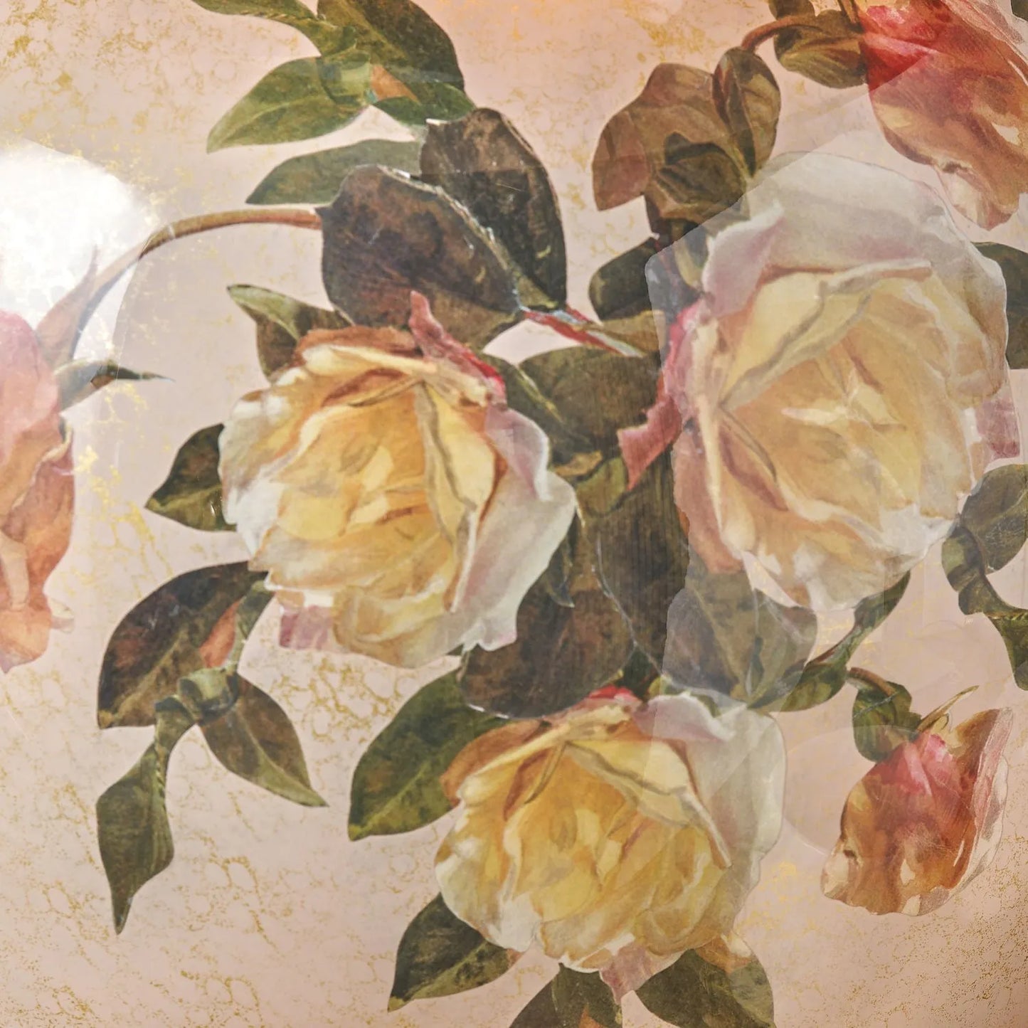 Jenny Worrall Apricot Peach & Yellow Rose & Foliage Cream Stone & Gold Glass Table Lamp Base with Bulbous Shape & Antique Brass Feet – Handcrafted Luxury Floral Lighting 42x28x28cm | Click Style