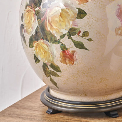 Jenny Worrall Apricot Peach & Yellow Rose & Foliage Cream Stone & Gold Glass Table Lamp Base with Bulbous Shape & Antique Brass Feet – Handcrafted Luxury Floral Lighting 42x28x28cm | Click Style