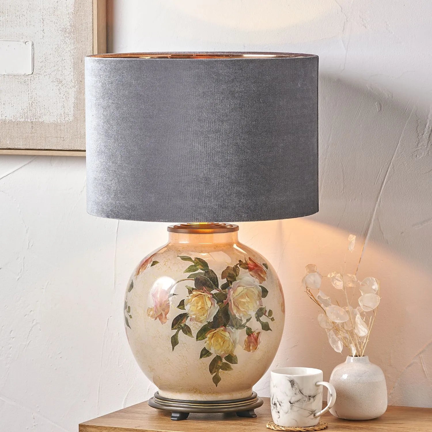 Jenny Worrall Apricot Peach & Yellow Rose & Foliage Cream Stone & Gold Glass Table Lamp Base with Bulbous Shape & Antique Brass Feet – Handcrafted Luxury Floral Lighting 42x28x28cm | Click Style