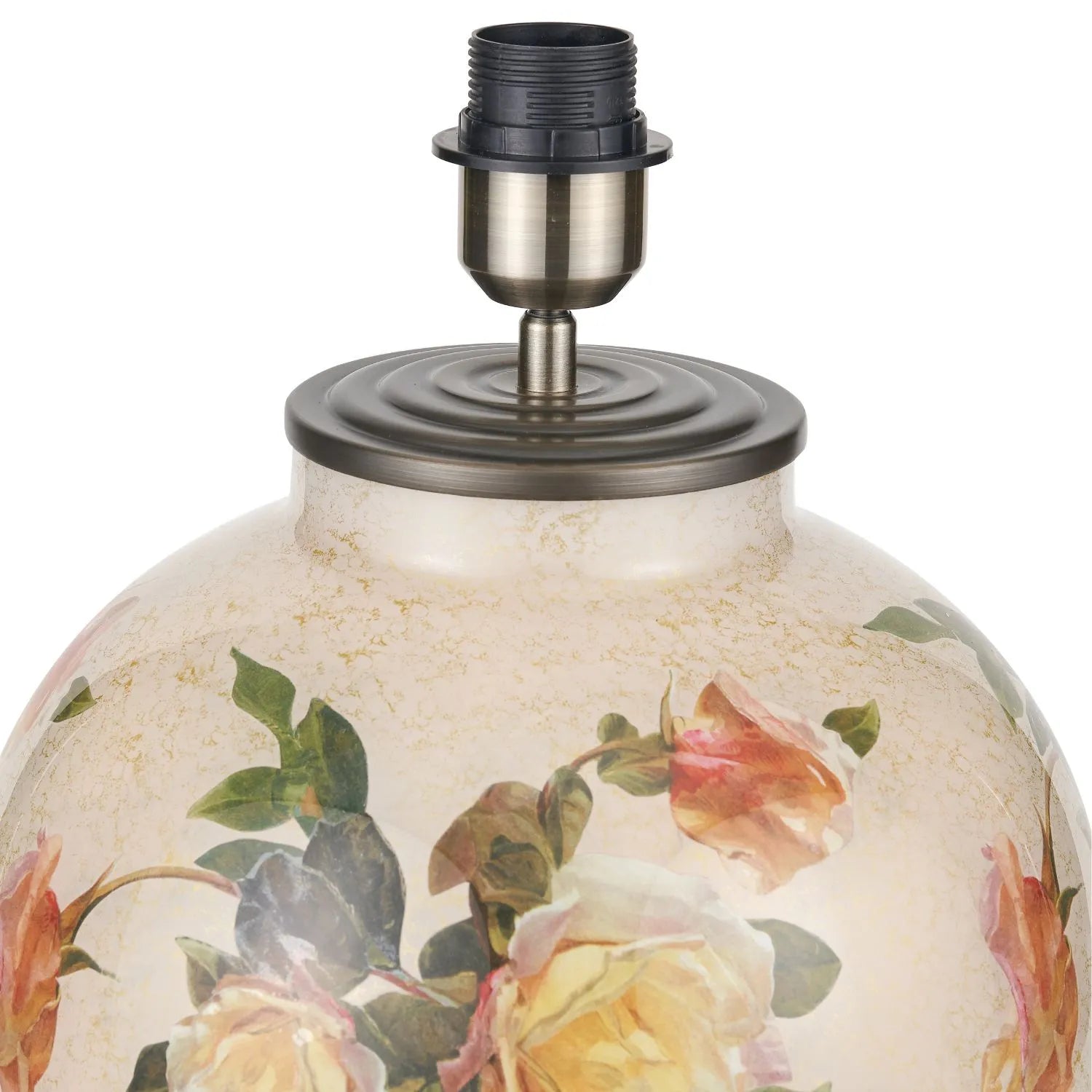 Jenny Worrall Apricot Peach & Yellow Rose & Foliage Cream Stone & Gold Glass Table Lamp Base with Bulbous Shape & Antique Brass Feet – Handcrafted Luxury Floral Lighting 42x28x28cm | Click Style